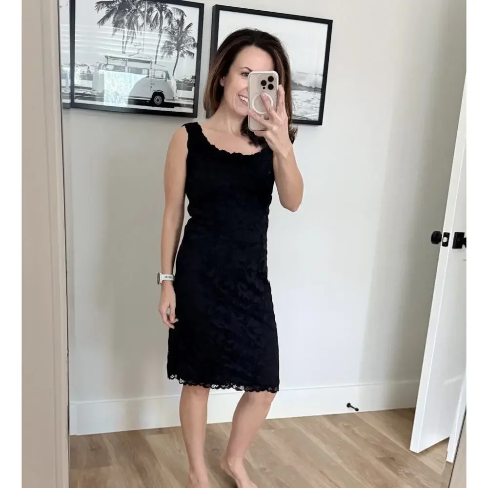 Josie Natori Black Lace Sheath Dress Womens 10 Sleeveless Stretch Bodycon LBD - Picture 4 of 14
